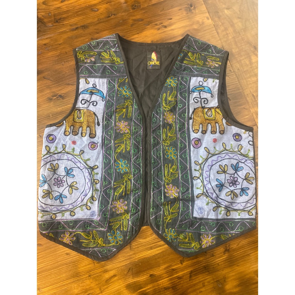Vintage Cherokee Embroidered Elephant Floral Cotton Vest Boho SKU E133
